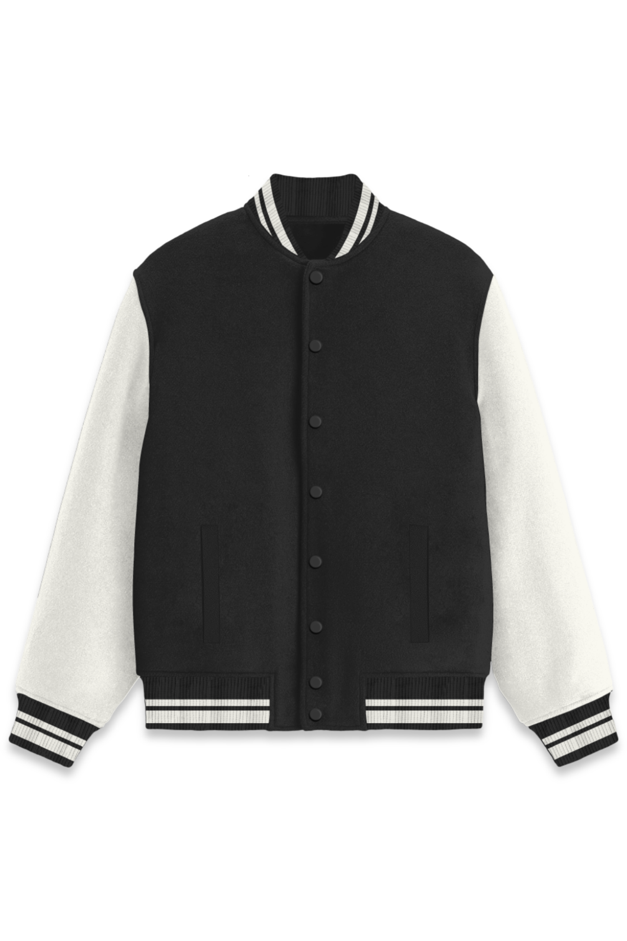 LOYIA black and white varsity jacket with contrasting sleeves and striped ribbed cuffs