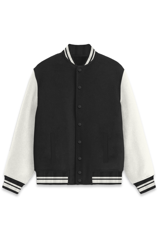 LOYIA black and white varsity jacket with contrasting sleeves and striped ribbed cuffs