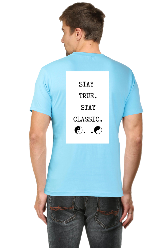 Loyia signature tee in light blue featuring a bold printed design on the back with motivational text