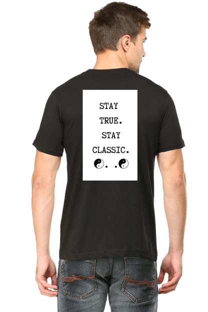 Loyia signature tee in black with a bold graphic and stylish text on the back