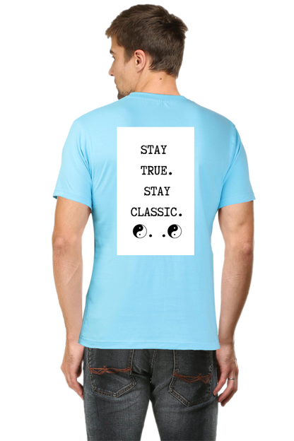 Loyia signature tee in light blue featuring a bold printed design on the back with motivational text