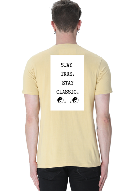 Loyia signature tee in yellow featuring a bold graphic with 'Stay True. Stay Classic.' on the back